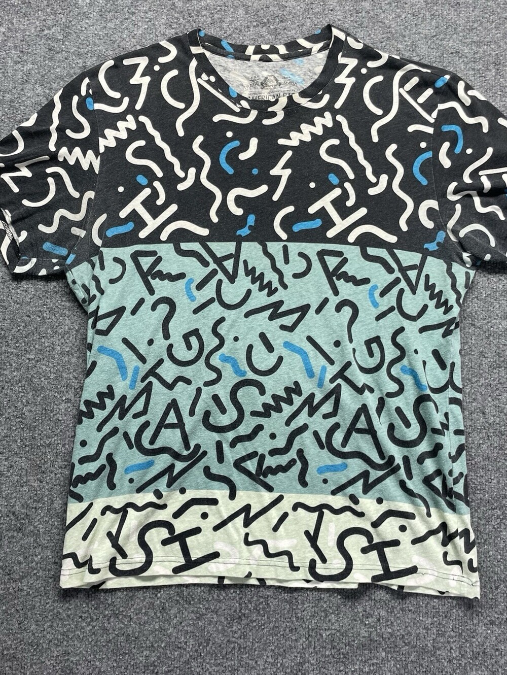 American Rag Men’s L Graphic T-Shirt Black Teal Abstract Pattern Short Sleeve